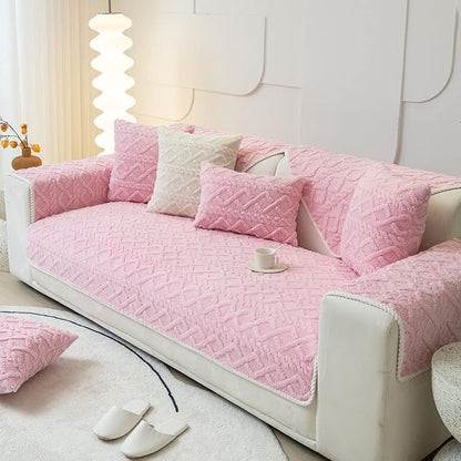 vctops Geometric Jacquard Plush Sofa Couch Covers Farmhouse Neutral Non Slip Sectional Couch Cover Soft Warm Sofa Slipcover for Dogs, Children, Pets Furniture Protector (Pink,36"x63")