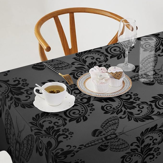 Black Damask Tablecloth Gothic Vintage Floral Skull Exotic Moth Antique Table Cloth Water Resistant Wipeable Table Cover for Farmhouse Party Holiday Kitchen Dinner Table 60x90