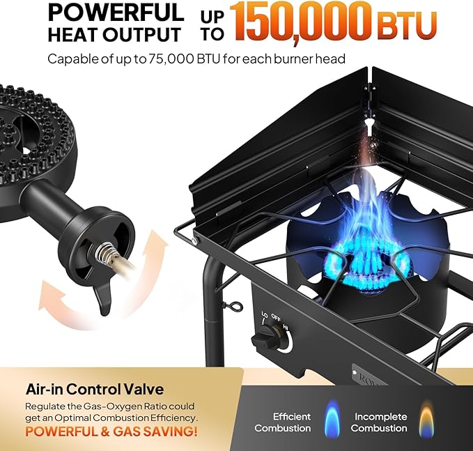 ROVSUN 2 Burner Gas Stove with Side Shelves, 150,000 BTU Portable Propane Stove with Removable Legs, Wind Panels & Regulator for Camping Home Backyard Cooking Brewing Canning Turkey Frying