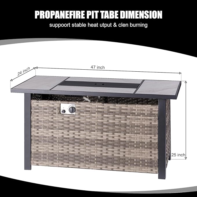 OutVue 47" Propane Fire Pit Table with Real Ceramic Tabletop & Ratten Side Panel, 50000 BTU Gas Firepit Table with Lid & Lava Stones, Outdoor Fire Pit for Dining or Party, Firepit for Outside, Patio