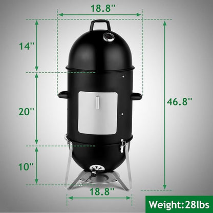 18 Inch Charcoal BBQ Smoker Grill,Vertical Steel Charcoal Smoker, Heavy Duty Three Layer Round BBQ Grill Smokey Mountain Cooker for Outdoor Cooking, Black