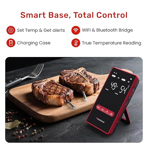 Wireless Bluetooth Meat Thermometer Digital, Standalone Base, WiFi Unlimited Range, AI guided cooking, 6 Sensors with ± 0.18°F Accuracy, 2 Probes for Kitchen, BBQ, Grill, Oven, Smoker (X Pro)