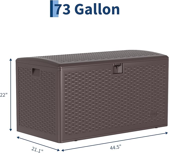 73 Gallon Blow-Molded Outdoor Storage Box, Lockable Storage Chest, Waterproof & UV-Resistant Storage Bin for Patio Cushions, Garden Tools & Pool Accessories, Outdoor Toy Storage Bench, Brown