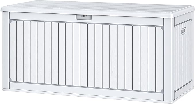 DWVO 320 Gallon Resin Outdoor Storage Box, XXL Double-Wall Waterproof Deck Box with Divider, Doubles as Table or Seating with 1000 lbs Capacity, Lockable (Grayish-White)