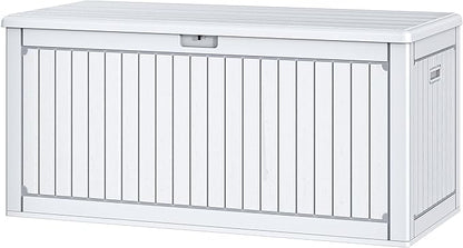 DWVO 320 Gallon Resin Outdoor Storage Box, XXL Double-Wall Waterproof Deck Box with Divider, Doubles as Table or Seating with 1000 lbs Capacity, Lockable (Grayish-White)