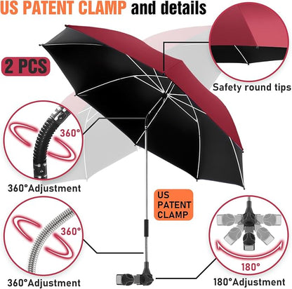 2 PACK Beach Umbrella with Clamp, 360 ° Adjustable Umbrellas for Chair, UPF50+ Umbrella for Beach Chair, Patio Chair, Wheelchair, Camping Chair, Golf Carts (Chair Not Included)