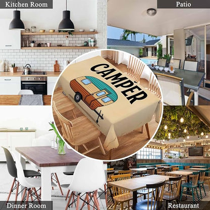 Swono 52x70 Inch Happy Camper Tablecloth Retro Car Camping Outdoor Farmhouse Dining Table Cloth Anti-Stain Talking Table Cover for Kitchen Dinning Room Coffee Store
