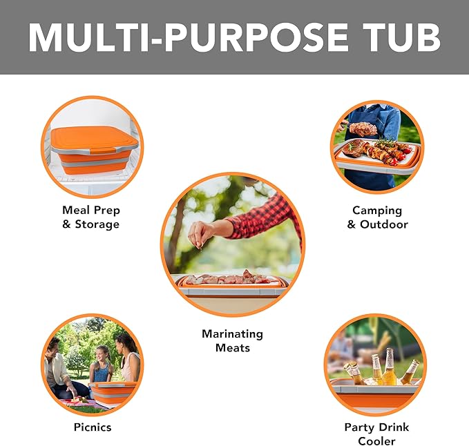 Tiawudi Large Collapsible BBQ Prep Tub with Locking Lid, Basket for Meal Prep Marinating Food Storage, Plastic Cutting Board(4.22 Gal/16L), Camping Sink with Colander, Dish Basin