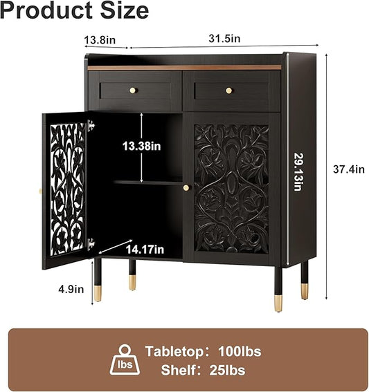 3More Sideboard Buffet Cabinet with Retro Carving Pattern,Kitchen Pantry Storage Cabinet with 1Drawer&2 Doors，Coffee Bar for Living Room,Kitchen,Dining Room,Black