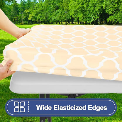 Smiry Picnic Table Cover with Bench Covers, Waterproof Elastic Fitted Tablecloth for 6 Foot Tables, Washable Polyester Tablecloths for Camping, Indoor & Outdoor (Beige, 30x72 Inch 3-pc Set)