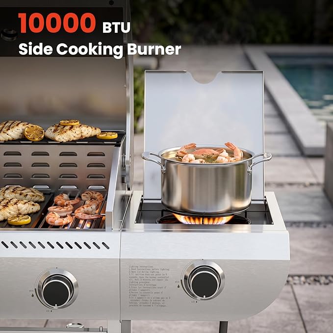 COWSAR 4 Burner Gas Grill, 34000 BTU Stainless Steel BBQ Grill with Side Burner, Porcelain-Coated Cast Iron Grates, Pull-Out Grease Tray for Outdoor Backyard Cooking