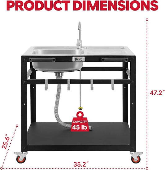 FEASTO 35-Inch Outdoor Grill Cart with Stainless Steel Sink, Rolling BBQ Prep Table with Faucet, Storage Shelves and Lockable Wheels for Patio, Backyard and Outdoor Cooking, Silver & Black | Rolling BBQ Prep Table with Faucet, Storage Shelves and Locka...