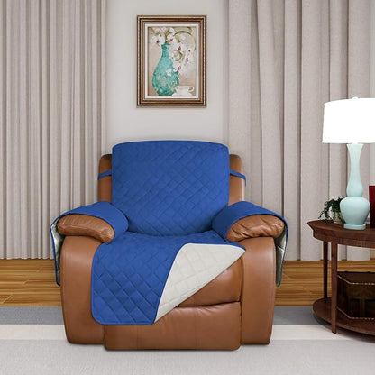 PureFit Reversible Quilted Oversized Recliner Sofa Cover, Water Resistant Furniture Protector, Washable Couch Cover with Elastic Straps for Kids, Pets (Large, Classic Blue/Ivory) | Classic Blue/Ivory, Water Resistant Couch Protector, Washable Pet Couch...