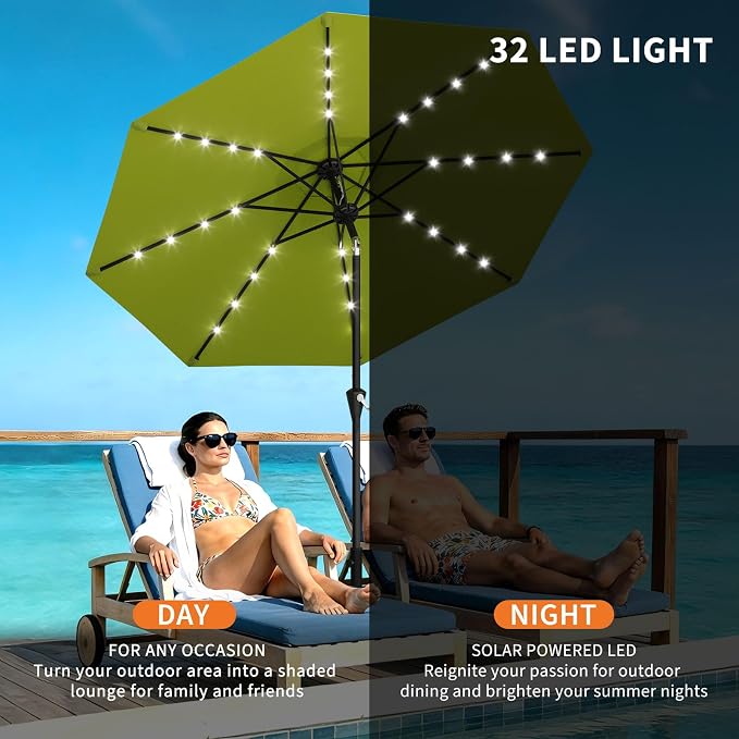 Garvee patio Umbrella with Solar Lights, Outdoor Table Umbrella with 8 Durable Ribs, Tilt & Crank Mechanism, Waterproof & UV Protection for Garden, Backyard, Poolside