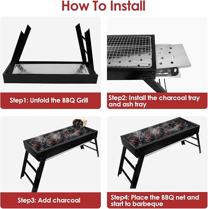 KOCASO Foldable Charcoal BBQ Grill with Stainless Steel Grill Net, Easy Setup Portable Tabletop Barbecue Grill for Camping, Picnic, Outdoor Party, Backyard, Hiking, Traveling