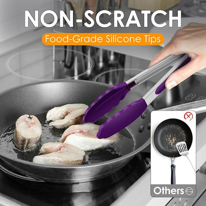 HOTEC Premium Stainless Steel Locking Kitchen Tongs with Silicon Tips, Set of 2-9" and 12" (Purple)