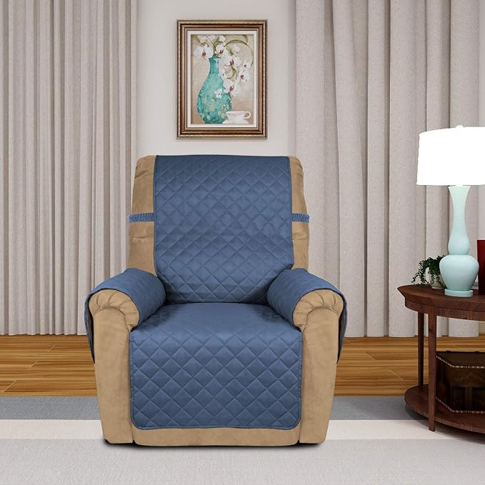 PureFit Reversible Recliner Chair Covers Couch Covers for Dogs, 19 in | Dark Blue/Light Blue, Water Resistant Couch Protector, Washable Pet Couch Cover with Non Slip and Elastic Straps For Kids