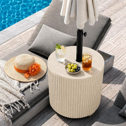 Patio Table with Hole for Umbrella, Pool Side Table, Beige | Adjustable Knob, 1.5Inch Umbrella Hole, All Weather Material