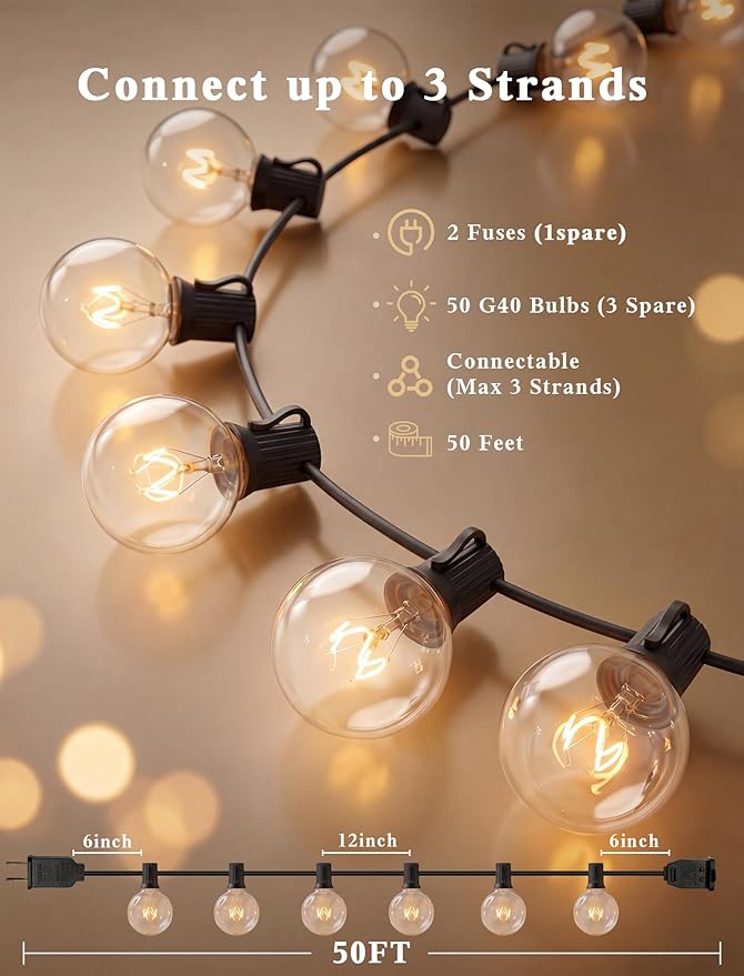 Abeja 50FT G40 Globe String Lights, Outdoor Patio String Lights with 53 Edison Globe Bulbs(3 Spare), Hanging Bistro Light Waterproof for Balcony Party Wedding Market Cafe, Black
