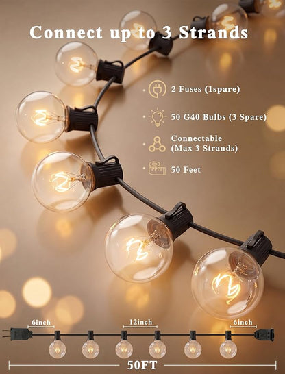 Abeja 50FT G40 Globe String Lights, Outdoor Patio String Lights with 53 Edison Globe Bulbs(3 Spare), Hanging Bistro Light Waterproof for Balcony Party Wedding Market Cafe, Black