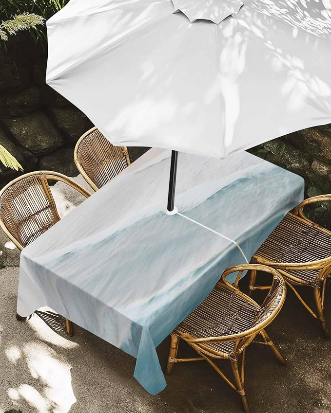Summer Beach Outdoor Tablecloth - 60x102 Inch Rectangle Dining Table Cover, Coastal Ocean Nautical Seaside Aqua Beige Waterproof Outdoor Table Cloth with Umbrella Hole & Zipper for Picnic/Patio/Party