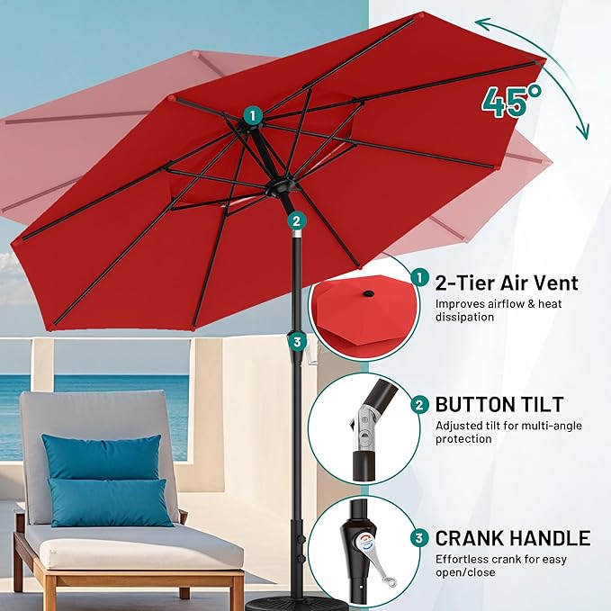 AreShark 10ft 2 Tiers Patio Umbrella - Outdoor Umbrella Waterproof UV Protection, Market Table Umbrella w/Push Button Tilt&Crank for Pool, Porch, Garden(Red)