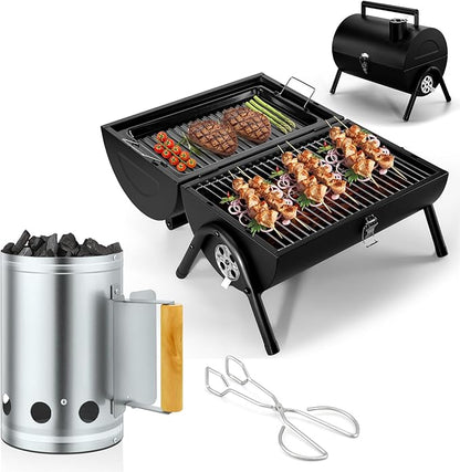 Portable Charcoal Grill (2 IN 1 Double-Sided) & Charcoal Chimney Starter with Clamp Set, Joyfair Small Tabletop Barbecue Grill with Food Tray & Rack, BBQ Grill Fire Starter for Outdoor Camping