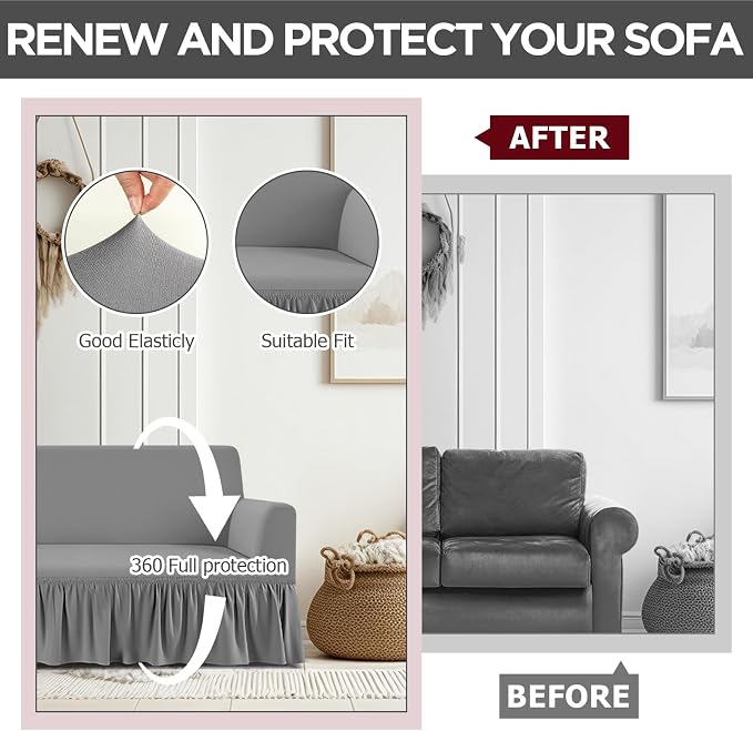 Fanfanwin 3 Pcs Sofa Slipcover Set for Couch Cushion Durable Washable High Elastic Stretchable Furniture Couch Covers with Skirt for Sofa Loveseat Arm Chair(Gray,Milk Silk)