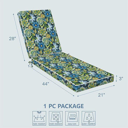 LVTXIII Outdoor Chaise Lounge Cushion 72x21x3 Inch, Water-Repellent Patio Seat Cushion with Ties & Hidden Zipper, Thick Foam Pad for Lawn Chair, Poolside, Patio Furniture, Bohemian Azure