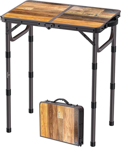 FUNYKICH 2ft Folding Camping Table 22.8''x15.7''x27.5'',3 Height Adjustable | Lightweight Aluminum Outdoor Small Tables with Carry Handle for Car Camping, Backpacking, Picnic, BBQ, Brown