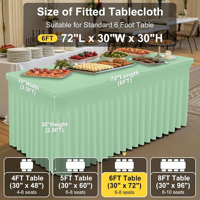 Smiry Spandex Elastic Fitted Table Cloth Skirt for 6FT Rectangle Table | Stretch Washable Table Cloth, Banquet Table Cover for Wedding, Party, Indoor & Trade Shows, (Light Green, 72Lx30Wx30H)