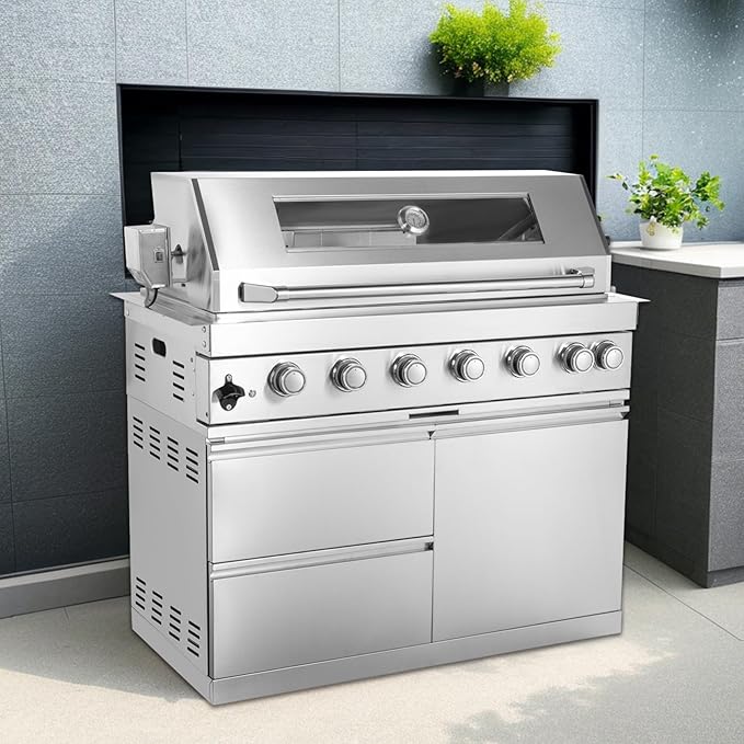 6 Burner Outdoor Kitchen Island with Grill, 85000 BTU Deluxe Stainless Steel Modular Outdoor Kitchen, Gas Propane BBQ Island with Rotisserie, Storage Cabinets & Drawers, 43"W, Silver