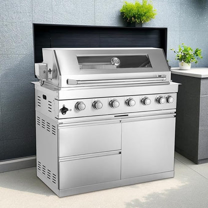 6 Burner Outdoor Kitchen Island with Grill, 85000 BTU Deluxe Stainless Steel Modular Outdoor Kitchen, Gas Propane BBQ Island with Rotisserie, Storage Cabinets & Drawers, 43"W, Silver