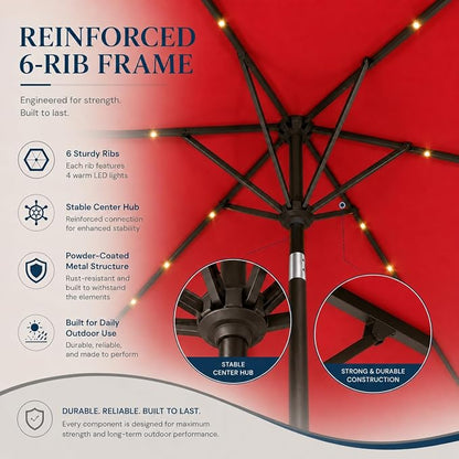 6.5 x 10ft Rectangular Patio Umbrella with Solar Lights, 16 LED Lighted Market Umbrella with Push-Button Tilt and Crank, 6 Sturdy Iron Ribs for Garden, Deck, Pool, Red