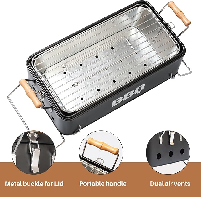 Portable Charcoal Grill 16.5" x 9", Tabletop BBQ Grill with Locking Lid & Wooden Handles for 2-4 People, Travel Size Ideal for Outdoor Camping Picnic, Easy Assembly