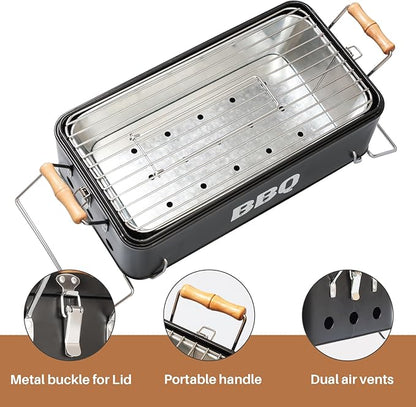Portable Charcoal Grill 16.5" x 9", Tabletop BBQ Grill with Locking Lid & Wooden Handles for 2-4 People, Travel Size Ideal for Outdoor Camping Picnic, Easy Assembly