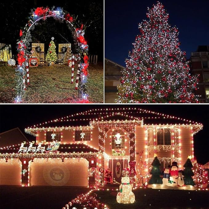 Solar Christmas Lights Outdoor 2 Pack 200 LED 66FT String Lights Red White | 8 Lighting Modes, Memory Function, Auto On/Off, IP65 Waterproof Twinkle Lights for Outside Tree Roof Fence Window Decorations