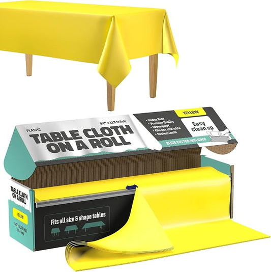 Tablecloth Roll – 54" X 110' Yellow Premium Plastic Table Cloths with Cutter Box - Cut to Size - Decorative Rectangle Table Cover Smooth Tablecloth - Disposable Table Cloths for Parties, Weddings.