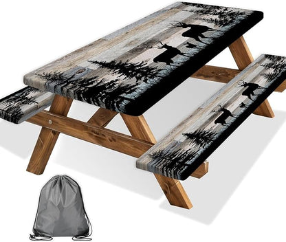 Forest Deer Picnic Table Cover with Bench Covers and Bag, Camping Essentials, Waterproof Windproof, Fitted Tablecloth Cover with Elastic Edge, for Indoor & Outdoor, Garden, 3 PCS, 30x72 Inch