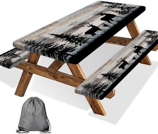 Forest Deer Picnic Table Cover with Bench Covers and Bag, Camping Essentials, Waterproof Windproof, Fitted Tablecloth Cover with Elastic Edge, for Indoor & Outdoor, Garden, 3 PCS, 30x96 Inch