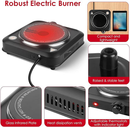 1200W Electric Infrared Single Burner Portable Heating Hot Plate Stove Countertop RV Hotplate with 7.5” Glass Cooktop Stepless Temperature Adjustments for Home RV Camp