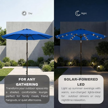 10FT Solar Lighted Patio Umbrella, Outdoor Table Market Umbrellas with Push Button Tilt and Crank, 32 LED Lights, 8 Sturdy Ribs, UV-Resistant for Deck, Garden, Pool