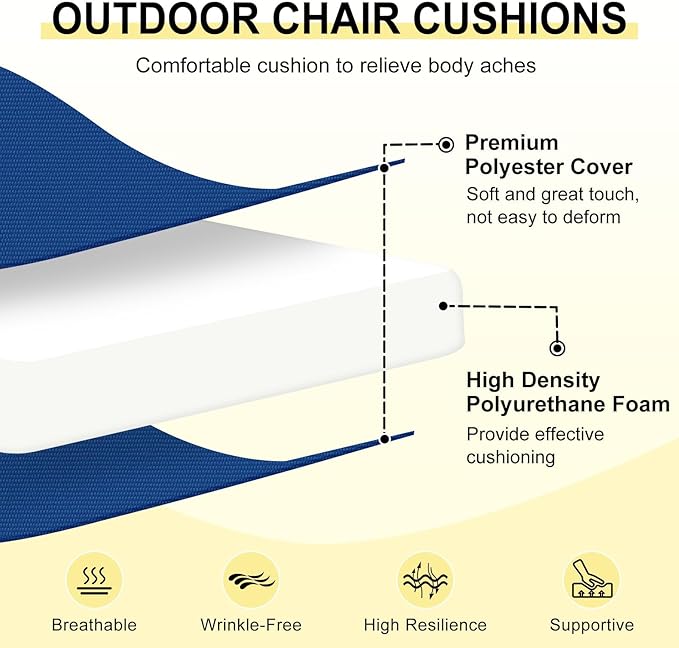 downluxe Outdoor Chair Cushions Set of 4 for Patio Furniture, Water-Resistant Square Corner Patio Chair Cushions with Ties, High Density Foam Outdoor Seat Cushion, 18.5" X 16" X 3", Royal Blue