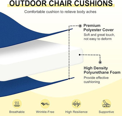 downluxe Outdoor Chair Cushions Set of 4 for Patio Furniture, Water-Resistant Square Corner Patio Chair Cushions with Ties, High Density Foam Outdoor Seat Cushion, 18.5" X 16" X 3", Royal Blue