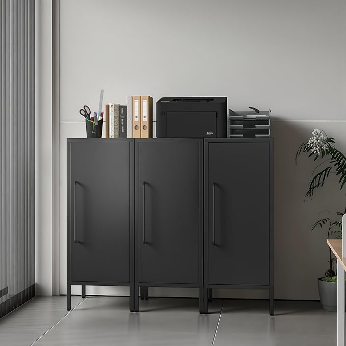 Metal Storage Cabinet with Door & 2 Adjustable Shelves 39.5” Small Storage Cabinet with Magnetic Closure for Home Office Garage Kitchen (Black)