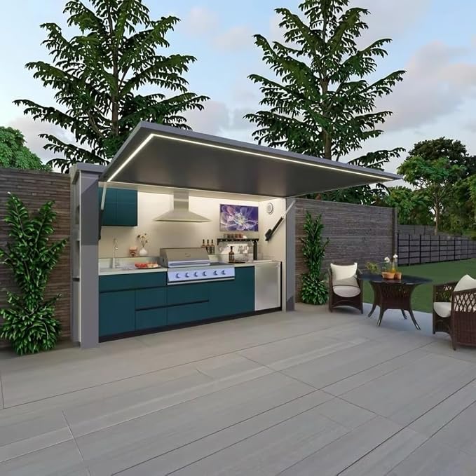 Outdoor Mobile Kitchen, Modern Modular Design with Retractable Roof Cover and Built-in Grill Station Backyard Outdoor Kitchen BBQ Grill