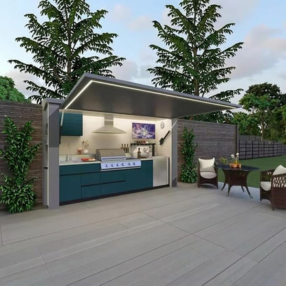 Outdoor Mobile Kitchen, Modern Modular Design with Retractable Roof Cover and Built-in Grill Station Backyard Outdoor Kitchen BBQ Grill