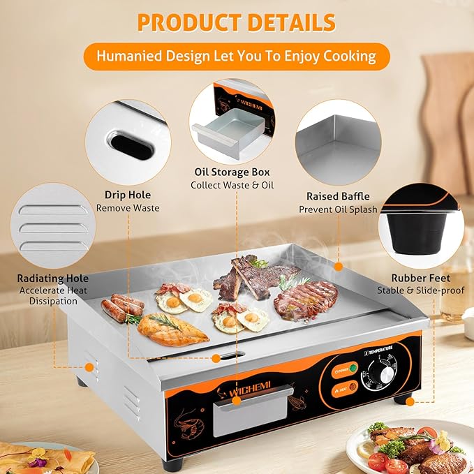WICHEMI Electric Grill Commercial Griddle Flat Top Grill Teppanyaki Grill | 22" Stainless Steel Electric Griddle, 110V 3000W High Power, Large Cooking Surface, Non-Stick, Collect Grease For Cleanup