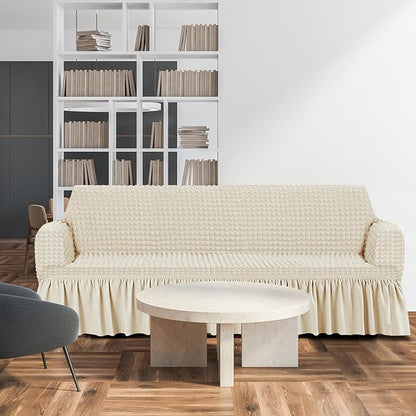 Fanfanwin 3 Pcs Sofa Slipcover Set for Couch Cushion Durable Washable High Elastic Stretchable Furniture Couch Covers with Skirt for Sofa Loveseat Arm Chair(Beige,Seersucker)
