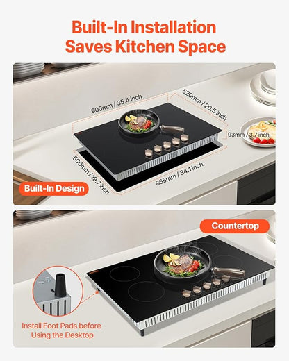 VEVOR SK-92IHA36CK04 9200W Electric Countertop Burner Knob Control Stove, Built-in Induction Cooktop with 12 Temperature Settings, Glass Surface, Auto Shut-Off, 36in 5 Burners/220V, Black